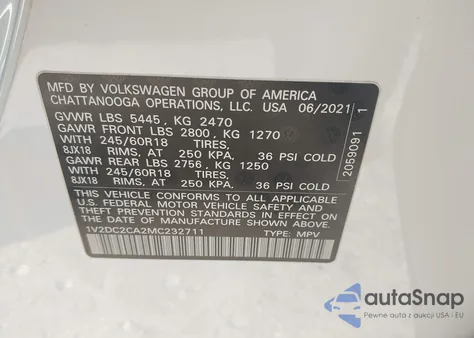 2021 Volkswagen Atlas Cross Sport 2.0T Se z USA, uszkodzony, nr VIN 1V2DC2CA2MC232711